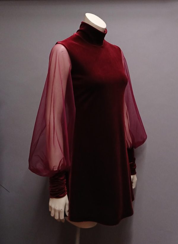 60s Velvet Dress, Mod, Bishop Sleeves 1960's Day Dresses Mini Space Age,vintage retro inspired, illusion Sheer Turtleneck XS-XL petite tall