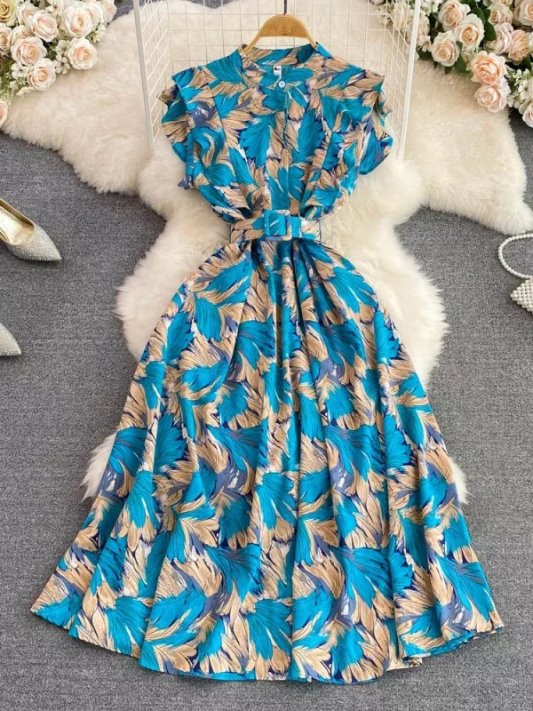 Summer Women's Printed Midi Dress Elegant Stand Collar Ruffle Sleeveless High Waist A-Line Casual