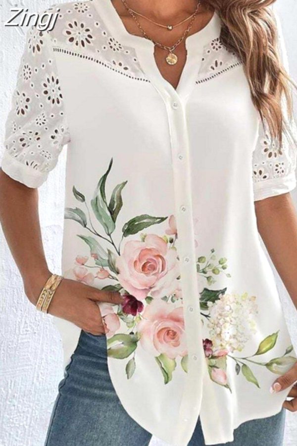 Zingj Elegant Printed Summer Lace Shirt Women V-Neck Hollow Out Loose Blouse Short Sleeve Tops Ladies New Casual Clothes 27968 Pink flowers-M