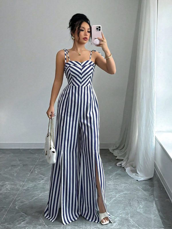 Women's Casual Elegant Resort Style Blue Striped Spaghetti Strap Jumpsuit
