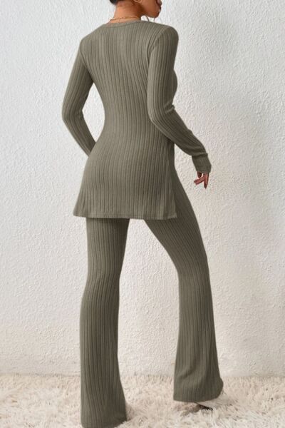 Hazel Blues® |  Ribbed Long Sleeve Slit Top and Bootcut Pants Set - Cream / S