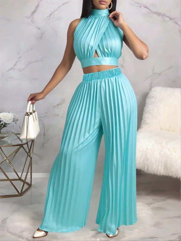 Elegant Satin Ruched Cropped Backless Tie-Up Top + High Waist Loose Ruched Long Pants Women's Set, Spring/Summer