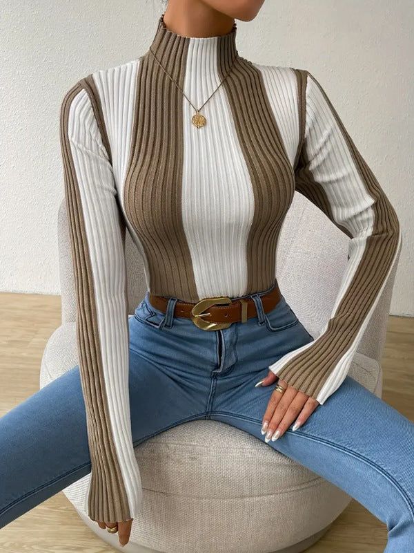 Women Spring Autumn Classic Black White Contrast Color Vertical Pattern Sweater Slim Fit Slim Bottoming Top - L / Khaki
