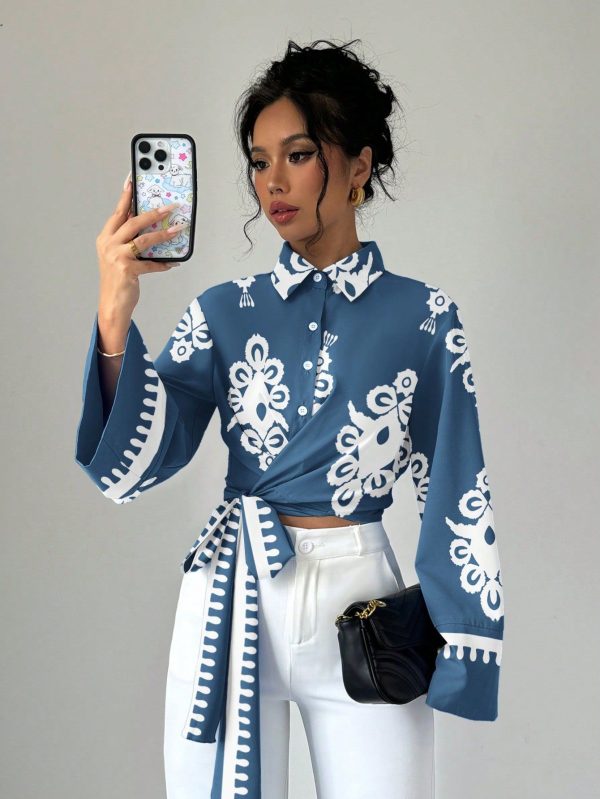 Women's Floral Print Bell Sleeve Blouse Women Shirt