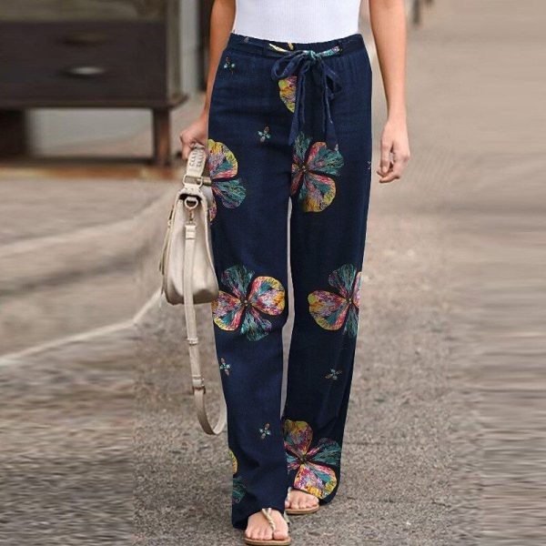 Women's Cotton Linen Pants Slacks Fashion Streetwear Full Length Natural Flower Printing Comfy Outdoor Comfortable Daily Wear Weekend Dark red Yellow-Brown Golden Honey Navy Summer Regular Fit