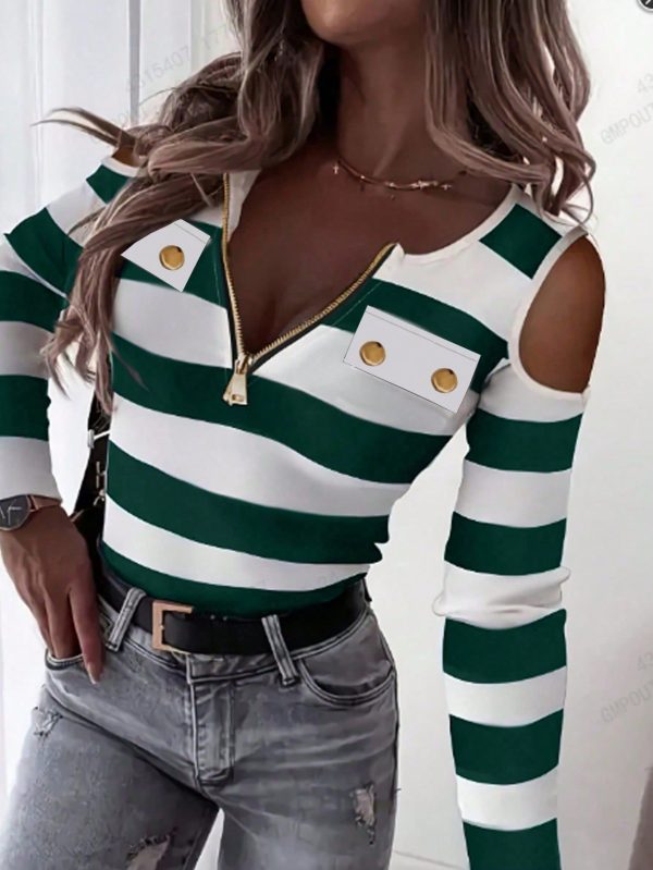 Women's Casual Two-Tone Stripe Open Shoulder Long Sleeve T-Shirt