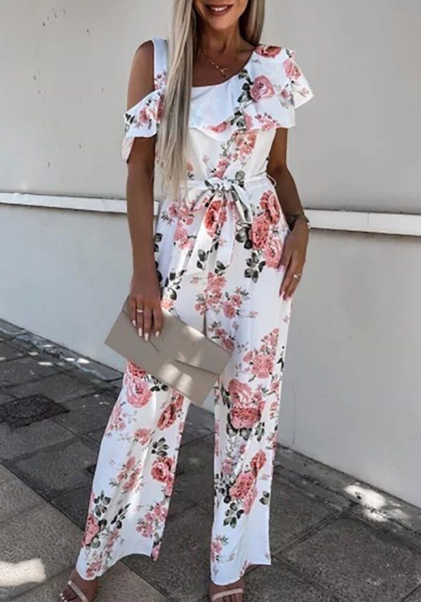Zingj Off Shoulder Backless Office Romper Summer Sleeveless Wide Leg Pants Slit Overalls Women V Neck Wrap Night Party Jumpsuit 02 White-L