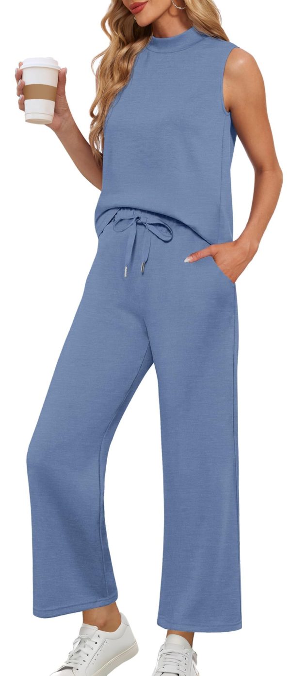 Lepunuo Two Piece Sets for Women Summer Mock Neck Sleeveless Top Wide Leg Pants Lounge Sets Vacation Travel Outfits