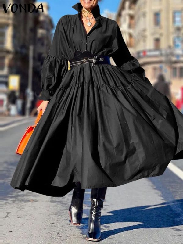 Plus Size 5XL VONDA Women Dress 2024 Casual Solid Color Elegant Ruffles Vestidos Oversized Fashion