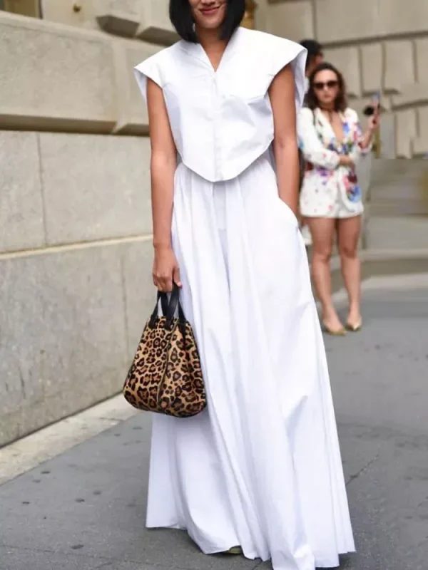 Summer 2-piece Set for Women 2024 Lapel Blouse Tops +Wide Legs Pants Bottoms Streetwear White Set