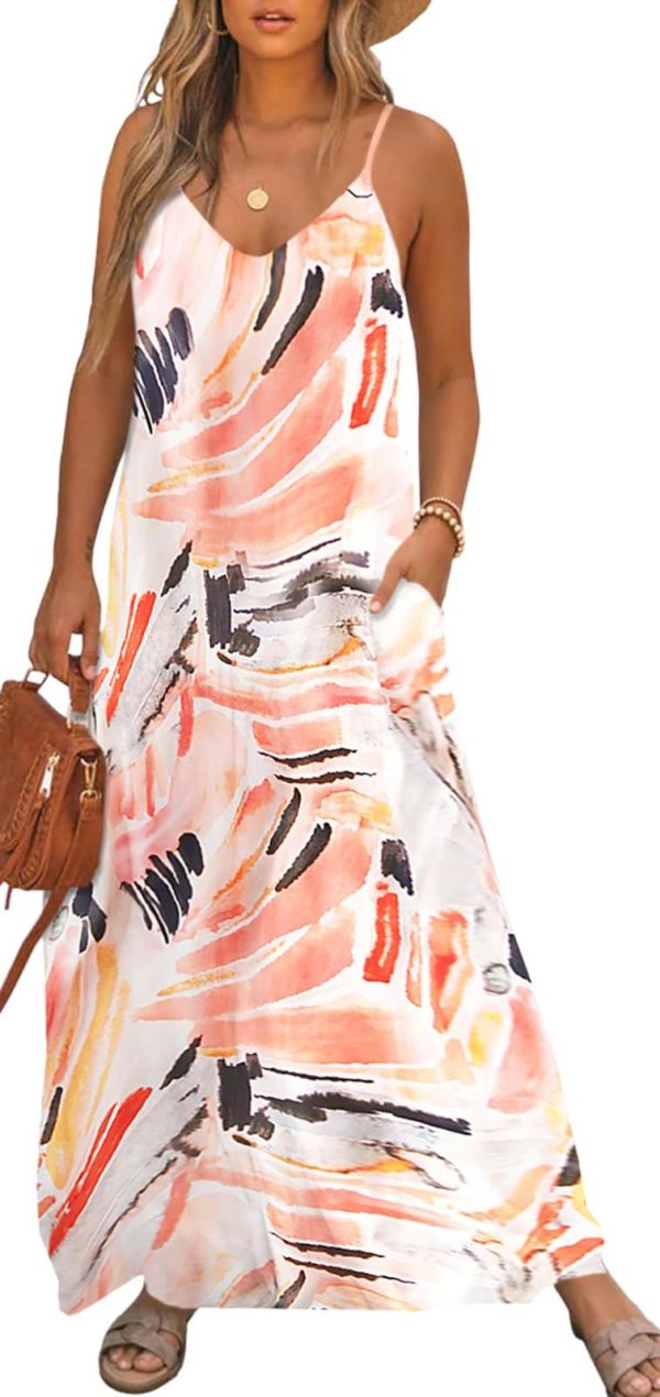 Bluetime Women Summer Spaghetti Strap Maxi Dress V-Neck Sleeveless Flowy Boho Floral Beach Long Dress with Pockets