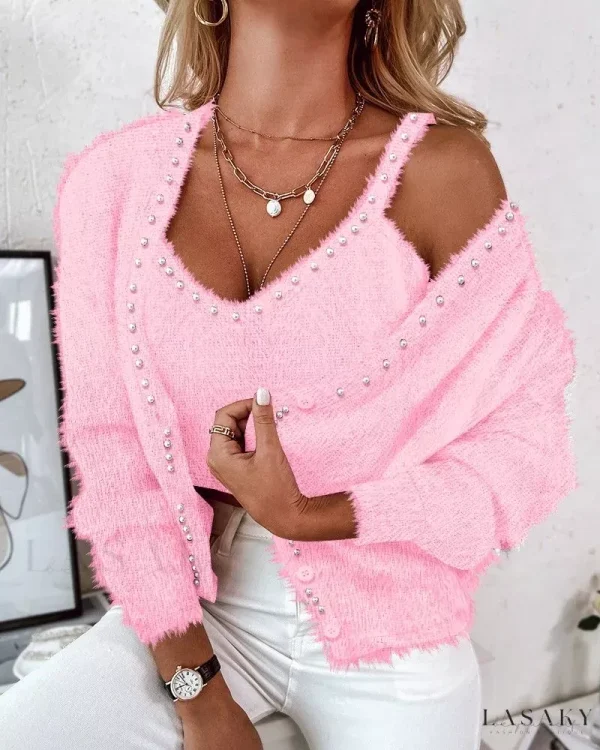 Lasaky - Elegant Pearls Decor Long Sleeve Cardigan and Tank Top Set with Fuzzy Texture - pink, M(6)