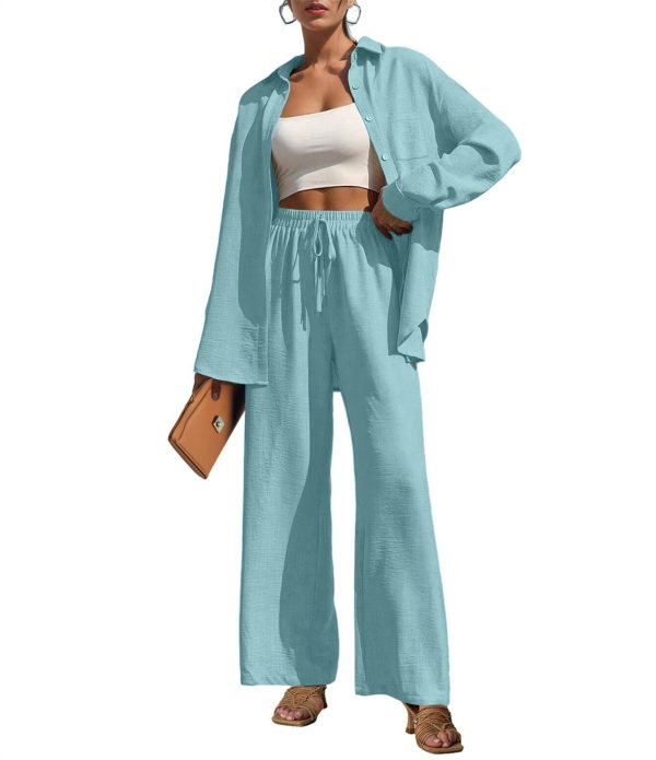 Lepunuo 2 Piece Outfits for Women Casual Lounge Sets Long Sleeve Button Down Shirts and Wide Leg Pants Sets Tracksuit