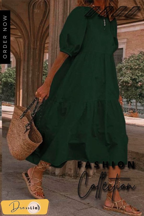 Vacation Puff Sleeve Solid Color Dress P16144