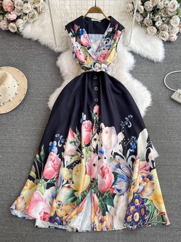 2024 Summer Holiday Beach Dress Women's Notched Collar Sleeveless Single Breasted Floral Print Belt Long Boho Party Vestido 6389 - black / S
