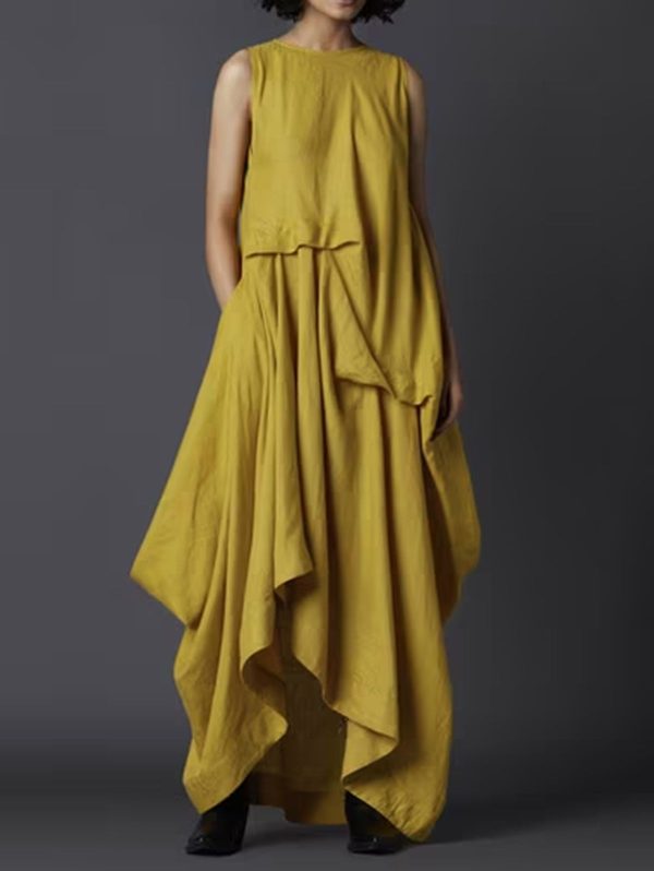 Summer Pockets Dress Women Crew Neck With Back Button Irregular Maxi Dresses Female Elegant Fashion