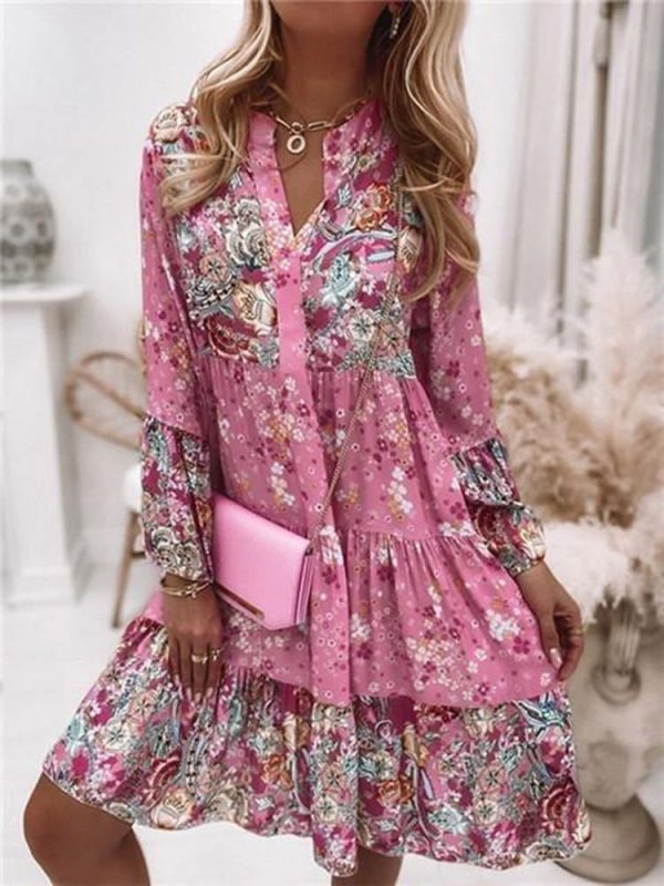 Casual Floral Print Dresses For Women 2024 Sping Summer Boho V Neck Loose A Line Dress Elegant Beach