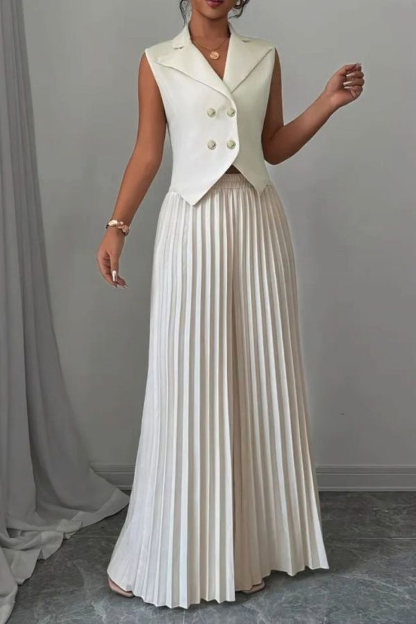 Elegant Solid Color Blazer & Pleated Wide-Leg Pants Set for Women