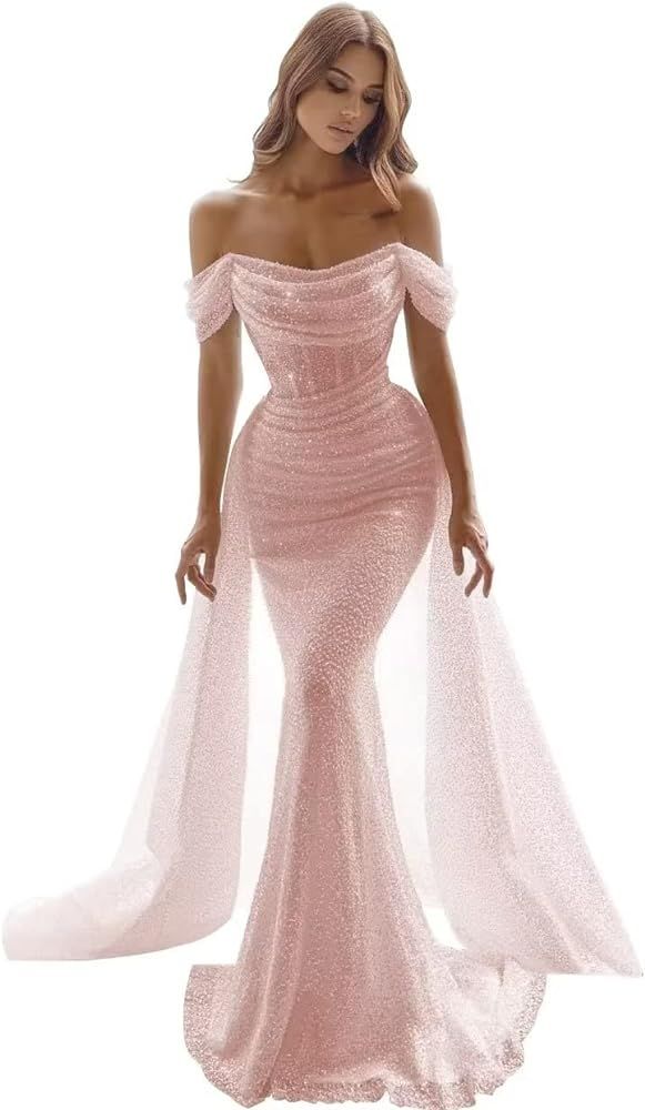 Sparkly Mermaid Prom Dresses for Women Sequin Off The Shoulder Detachable Train Evening Dresses Long Ball Gown