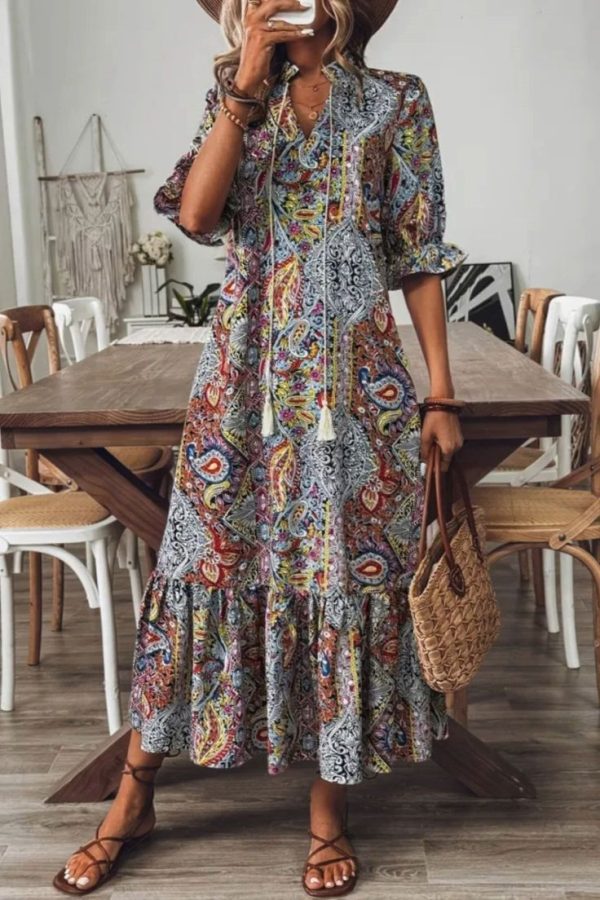 Elegant Boho Paisley Print Midi Dress for Women