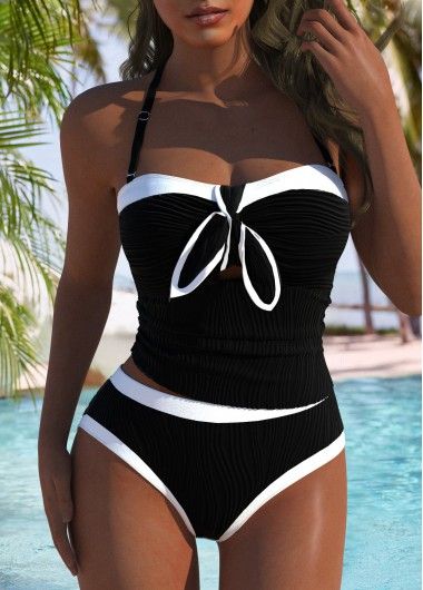 Mid Waisted Black Bandeau Tankini Set