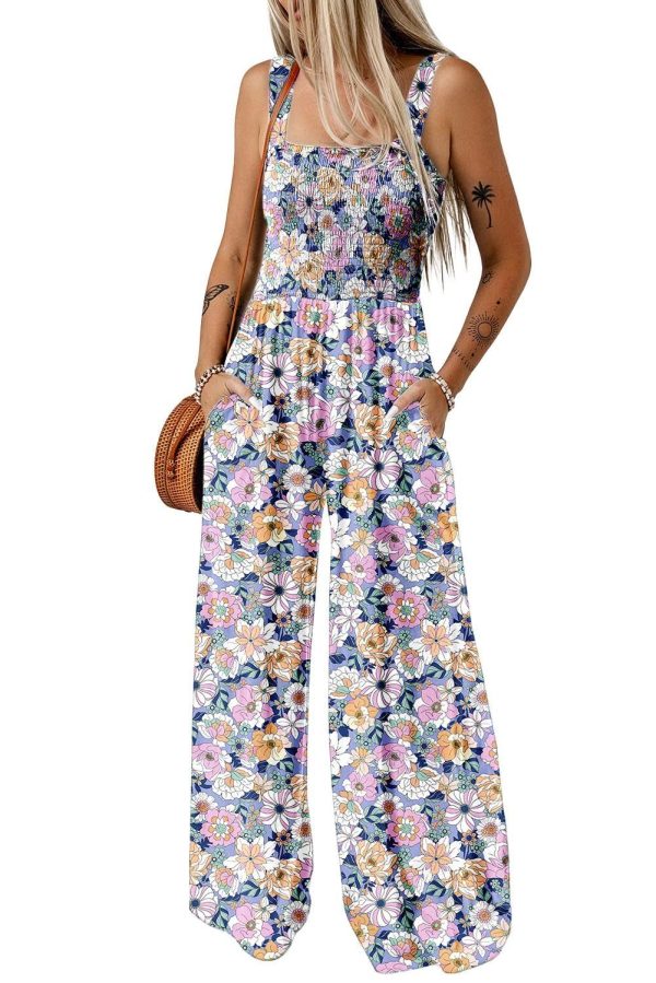 Happy Sailed Jumpsuits for Women Summer Casual Floral Print Sleeveless Jumpsuit High Waist Wide Leg Pants Romper with Pockets