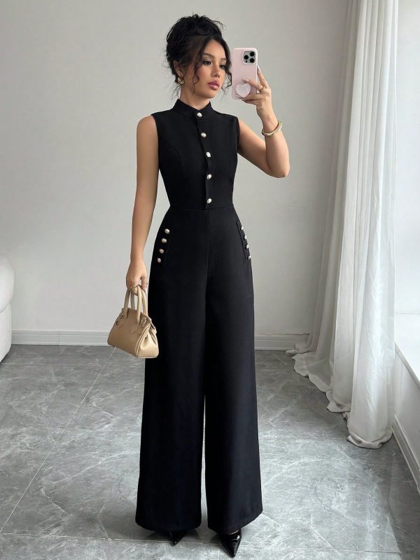 Solid Coloured Stand Collar Button Decor Sleeveless Elegant Women Jumpsuit