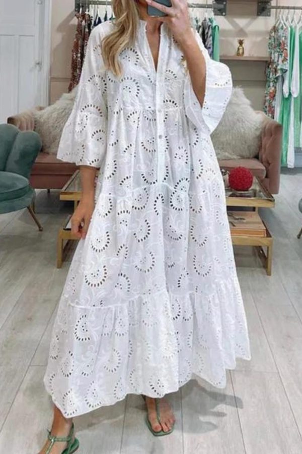 Elegant Solid Color Sexy V-Neck Trumpet Sleeve Hollow Casual Loose Maxi Dress