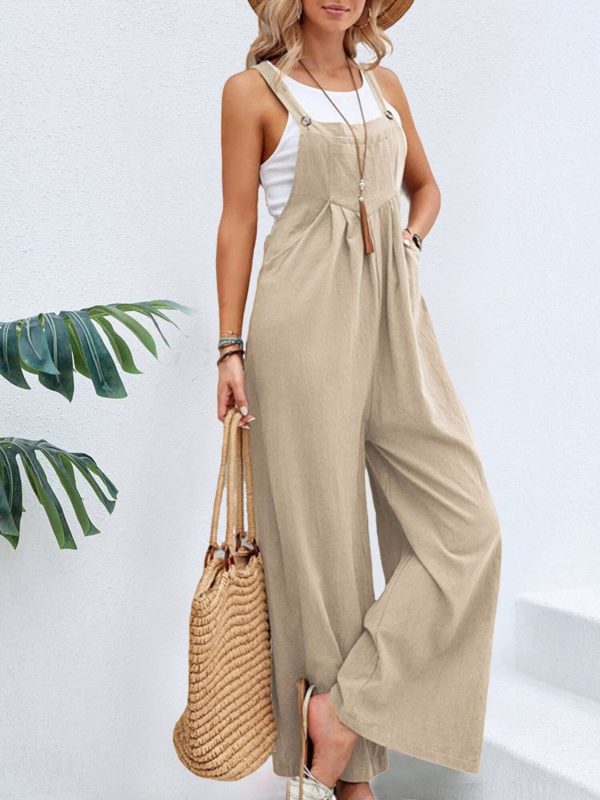 Hazel Blues® |  Square Neck Wide Strap Overalls - Khaki / S