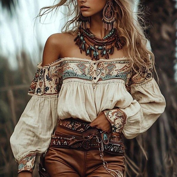 Women's Boho Shirt Blouse Flower Modern Boho Long Sleeve Off Shoulder Regular Tops Daily Going out Print Apricot Summer
