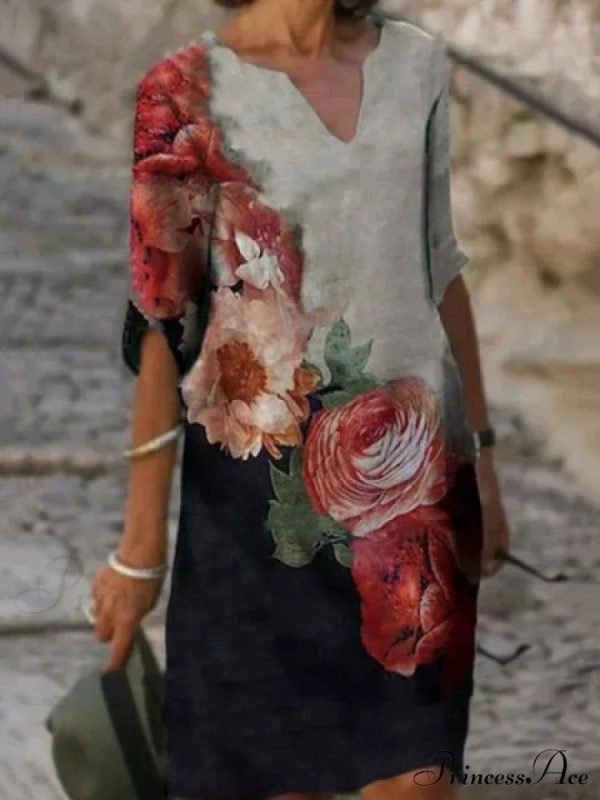 Large Big Printed Boho Casual Party Elegant Dresses - grey 3 / L
