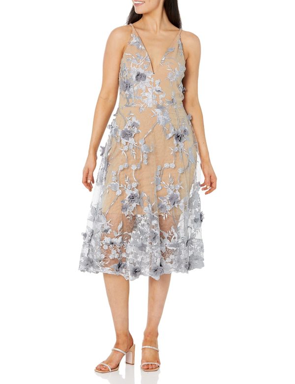 Dress the Population Women's Audrey Spaghetti Strap Midi A-line 3D Floral Dress