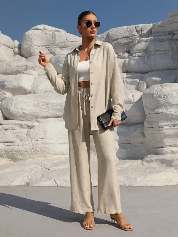 Women Plain Casual Two-Piece Sets Shawl Collar Daily Top With Pants