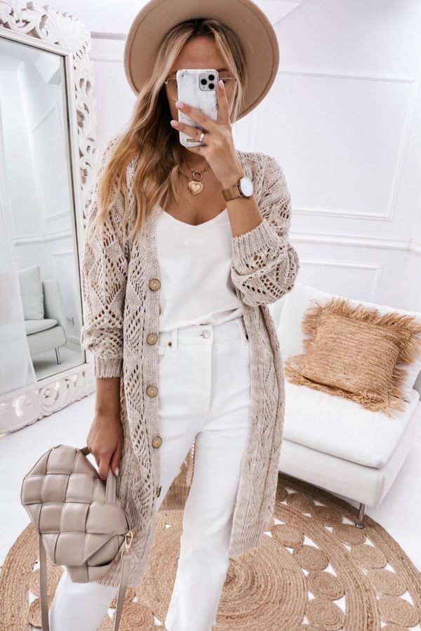 Mckenzie Hollow-out Openwork Knit Cardigan - Khaki / 2XL - 18/20 / 60%Cotton+40%Acrylic