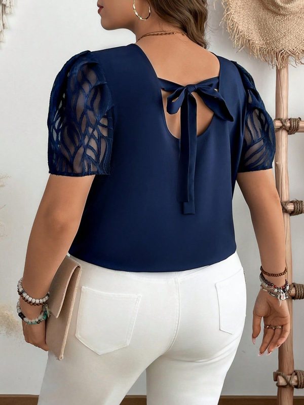 Plus Size Casual Bowknot Back See-Through Short Sleeve Shirt, Summer