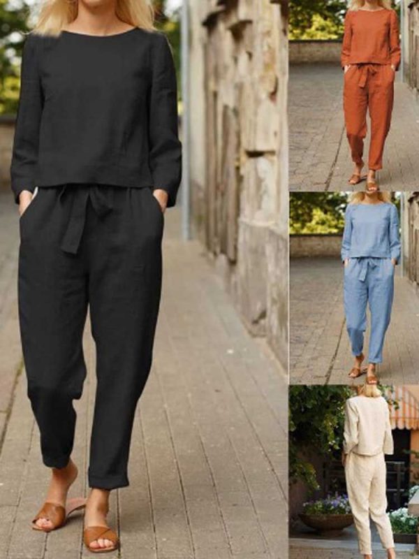 Cotton Linen Sets Two 2 pcs Sets Summer O-Neck Long Sleeve Solid Tshirt+High Waist Pocket Casual