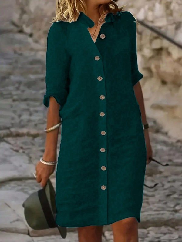 Women Casual Solid Color Front Button Closure Vacation Dress