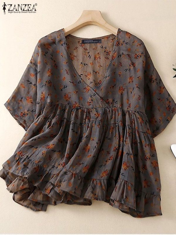 ZANZEA Women Floral Printing Shirt Drop Shoulder Sleeve Blouse 2024 Summer