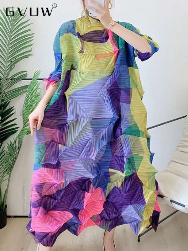 GVUW Diamond Pleated Dress Women's Greadient Print Turtleneck Loose Elegant Female Wedding Party