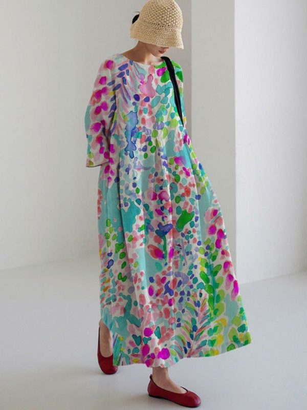 Women's Clothing Loose Round Neck Print Dress - Long Sleeve 053 / S
