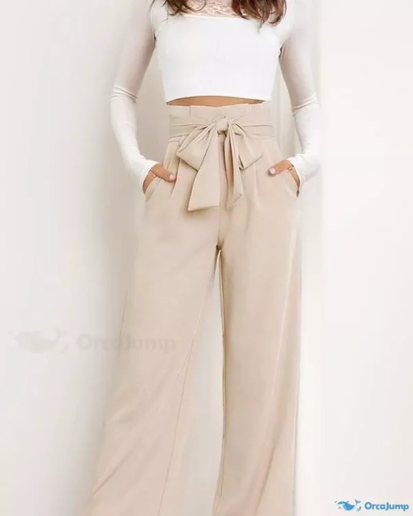 OrcaJump - Professional Career Wide-Leg Pants with Belt and Bow Tie Detail - Apricot, XXL