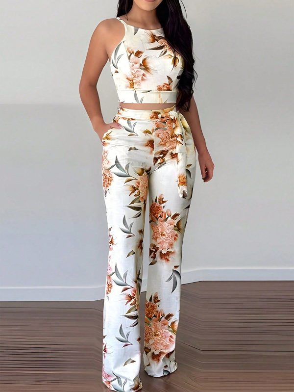 1 Set Elegant Women Floral Tank Top And Pants Outfit