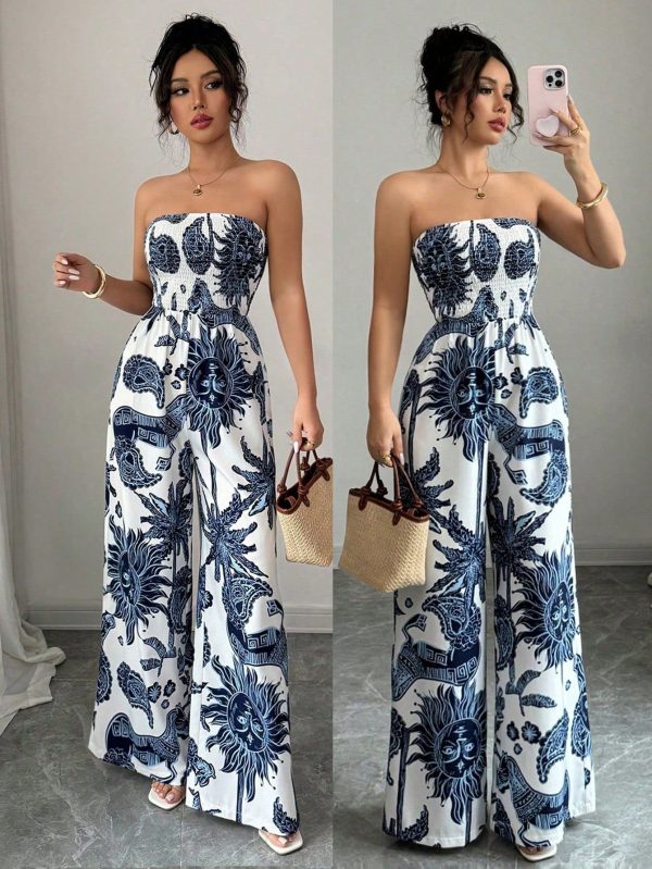 Women's Printed Bandeau Jumpsuit With Cinched Waist And Wide Leg, Elegant For Vacation, Commuting And Daily Wear