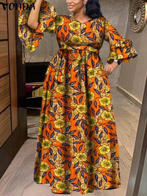 VONDA Women Floral Printed Dress 2024 Vintage V-Neck Long Sleeve Ruffled Dress Maxi Vestidos Fashion