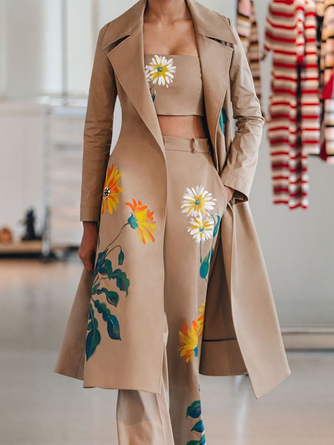 Women Floral Spring/Fall Urban Polyester Natural Daily Long Sleeve Mid-long Regular Trench Coats
