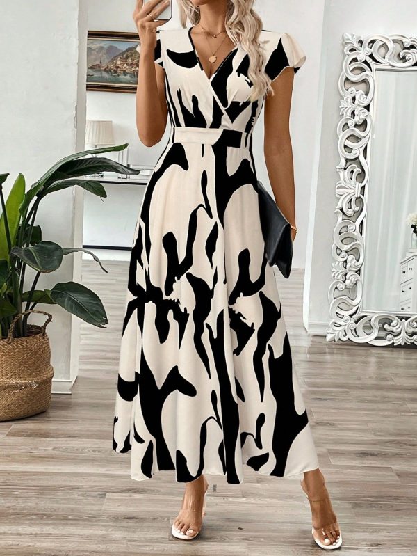 Women's Summer V-Neck Long Leaf Floral Dress, Waist Cinched A-Line Dress
