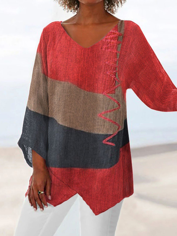 Women Casual Color Block Spring/Fall Polyester V neck Micro-Elasticity Loose Regular Regular Blouses1