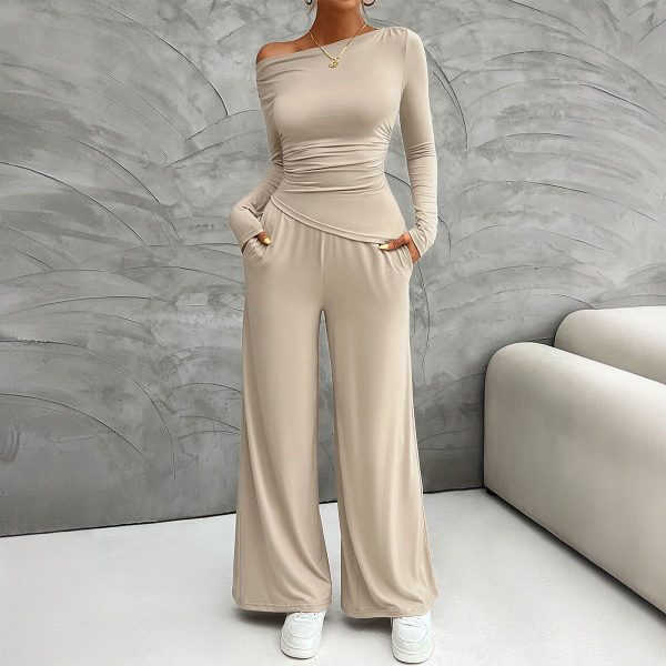 Autumn Winter Women Clothing Slim Long Sleeve Top Wide Leg Trousers Set - M / Khaki