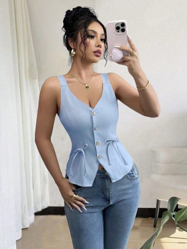 2025 Valentine's Day New Spring/Summer Deep V-Neck Tie-Waist Bowknot Strap Camisole Top For Women