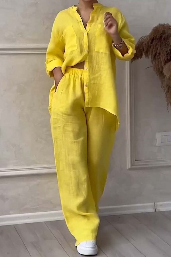 Ensemble deux pièces pantalon décontracté en coton et lin de couleur unie - Pink / S(UK 6-8)
